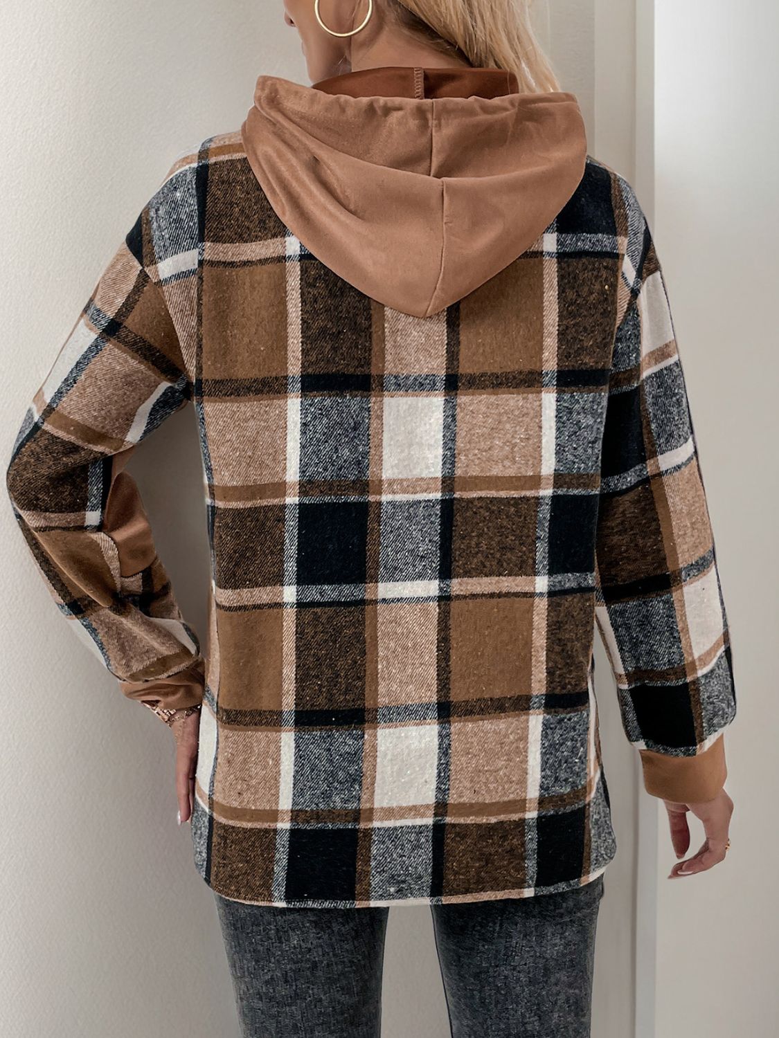 Blue Zone Planet | Perfee Drawstring Slit Plaid Long Sleeve Hoodie-TOPS / DRESSES-[Adult]-[Female]-2022 Online Blue Zone Planet