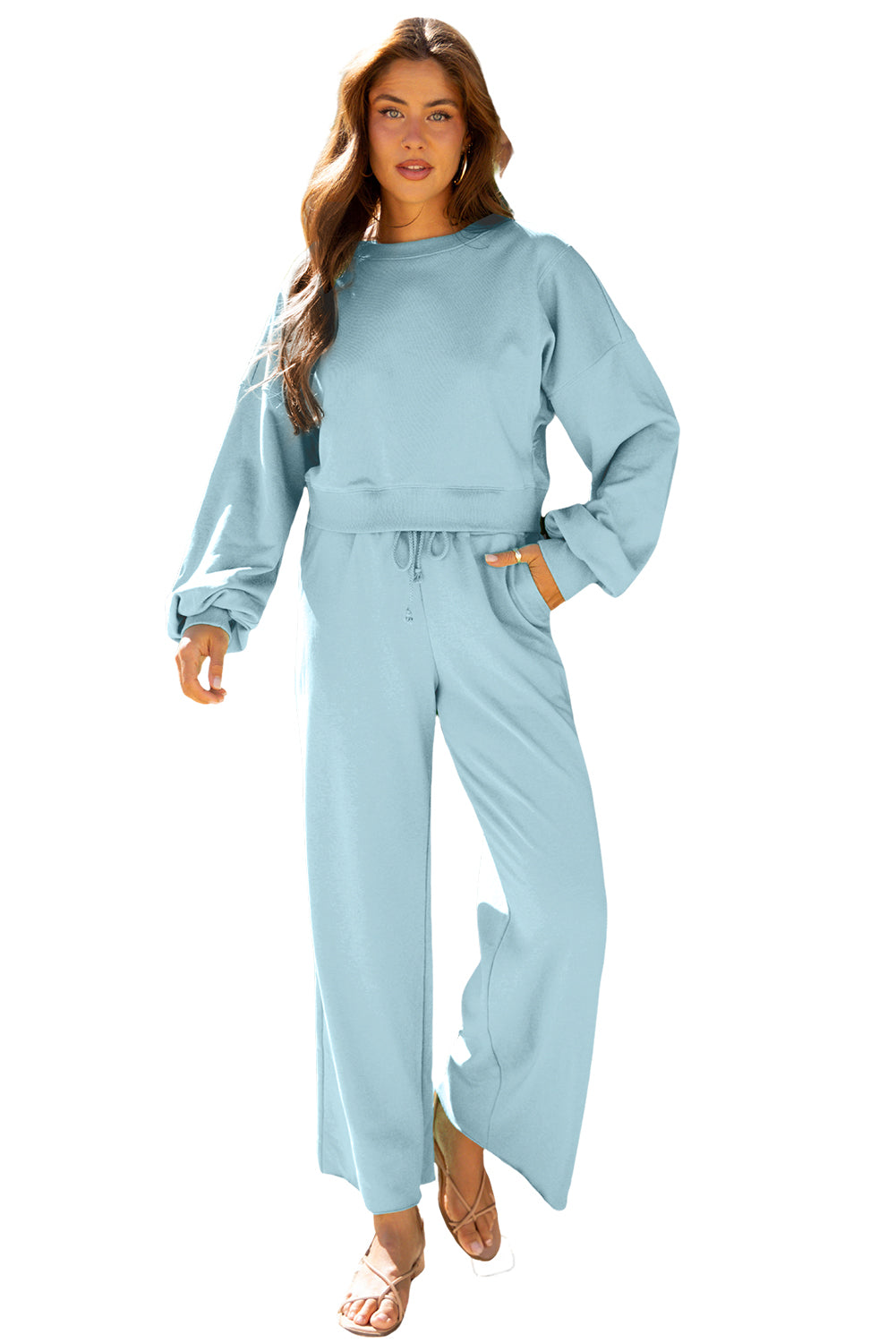 Mist Blue Drop Shoulder Puff Sleeve Crop Pullover Drawstring Wide Leg Pants Set-Two Piece Sets/Pant Sets-[Adult]-[Female]-2022 Online Blue Zone Planet