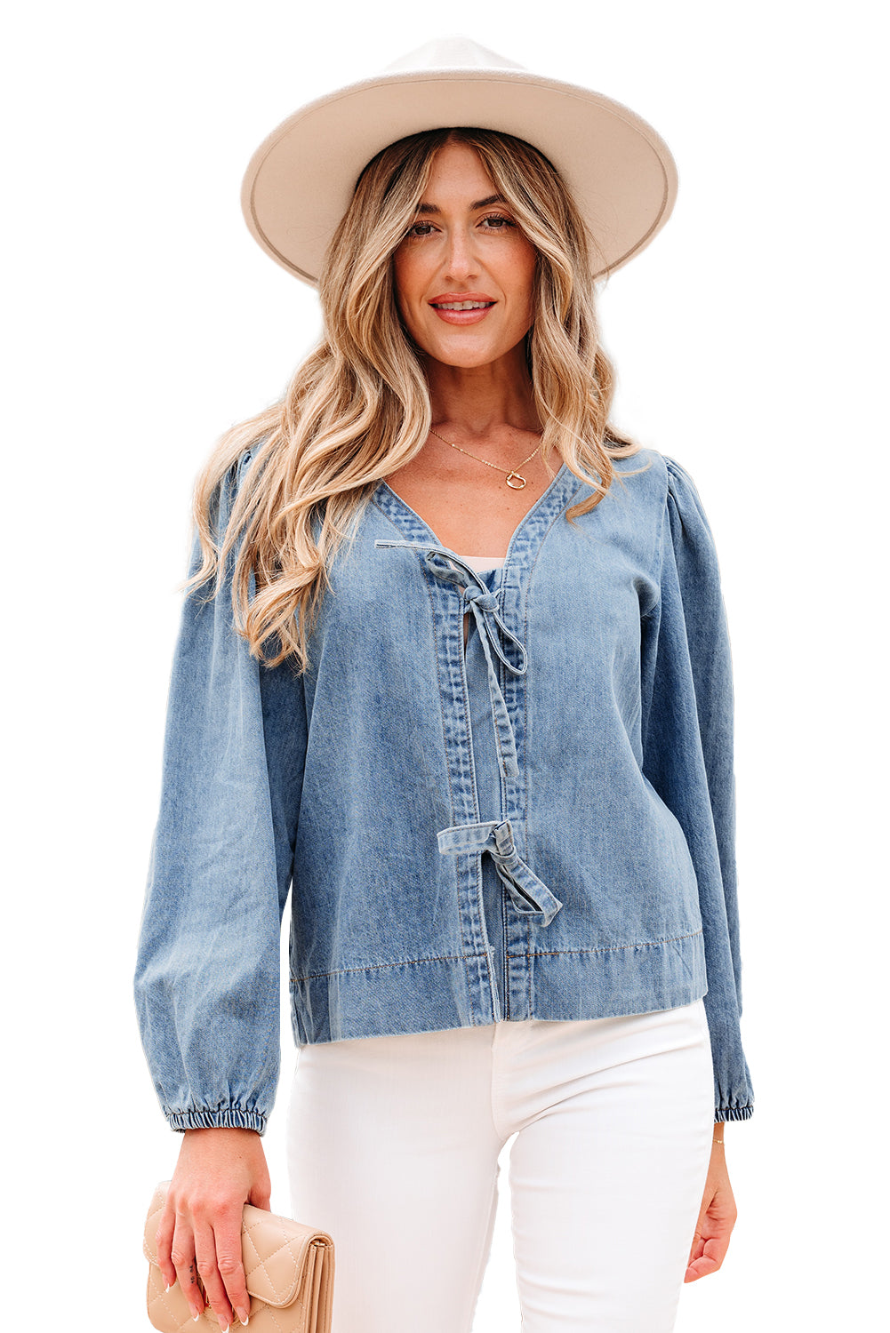 Dusk Blue Tied Front Long Puff Sleeve Denim Top-Tops/Blouses & Shirts-[Adult]-[Female]-2022 Online Blue Zone Planet