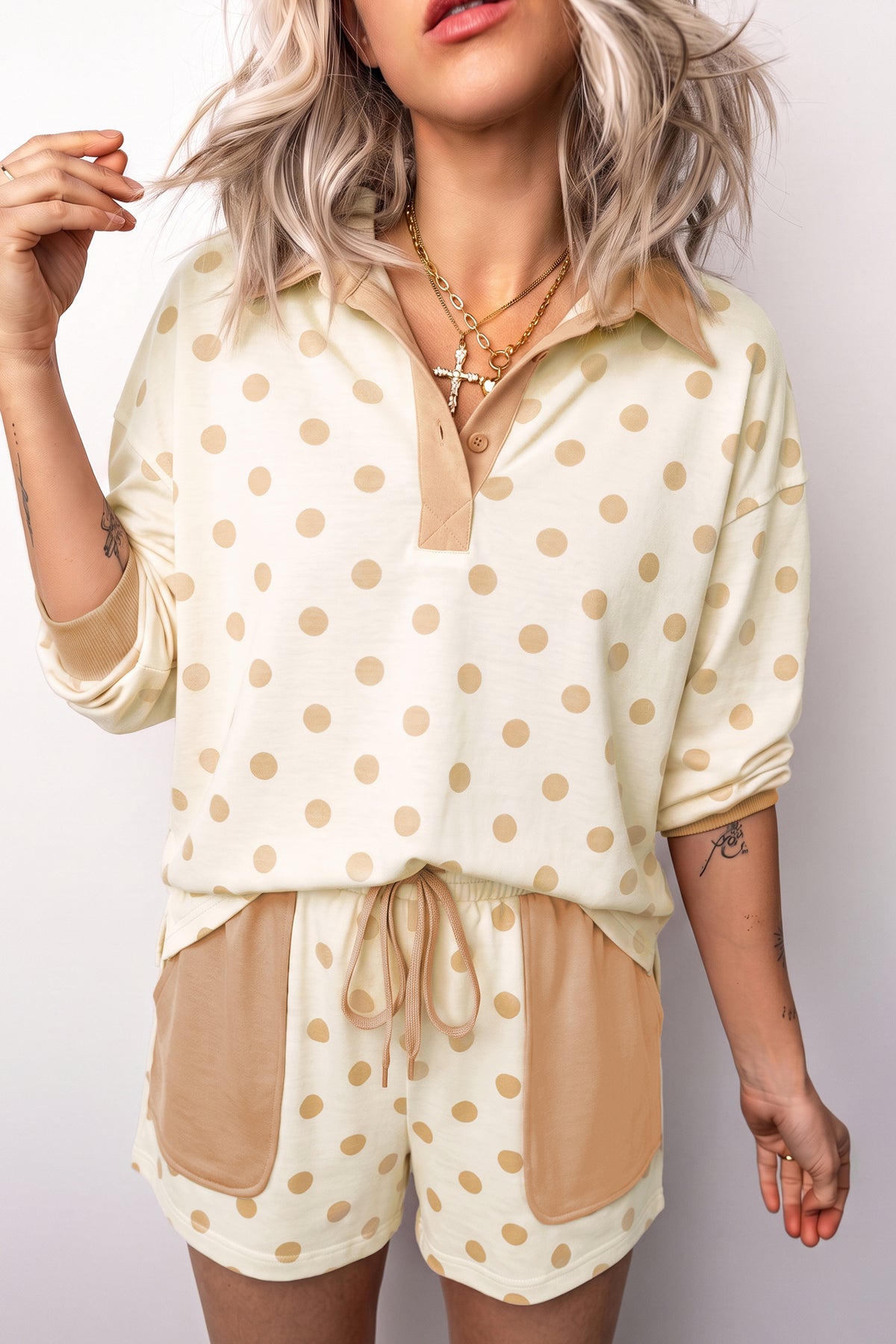 Sky Blue Polka Dot Drop Shoulder Polo Loose Pullover Patch Pocket Casual Shorts Set