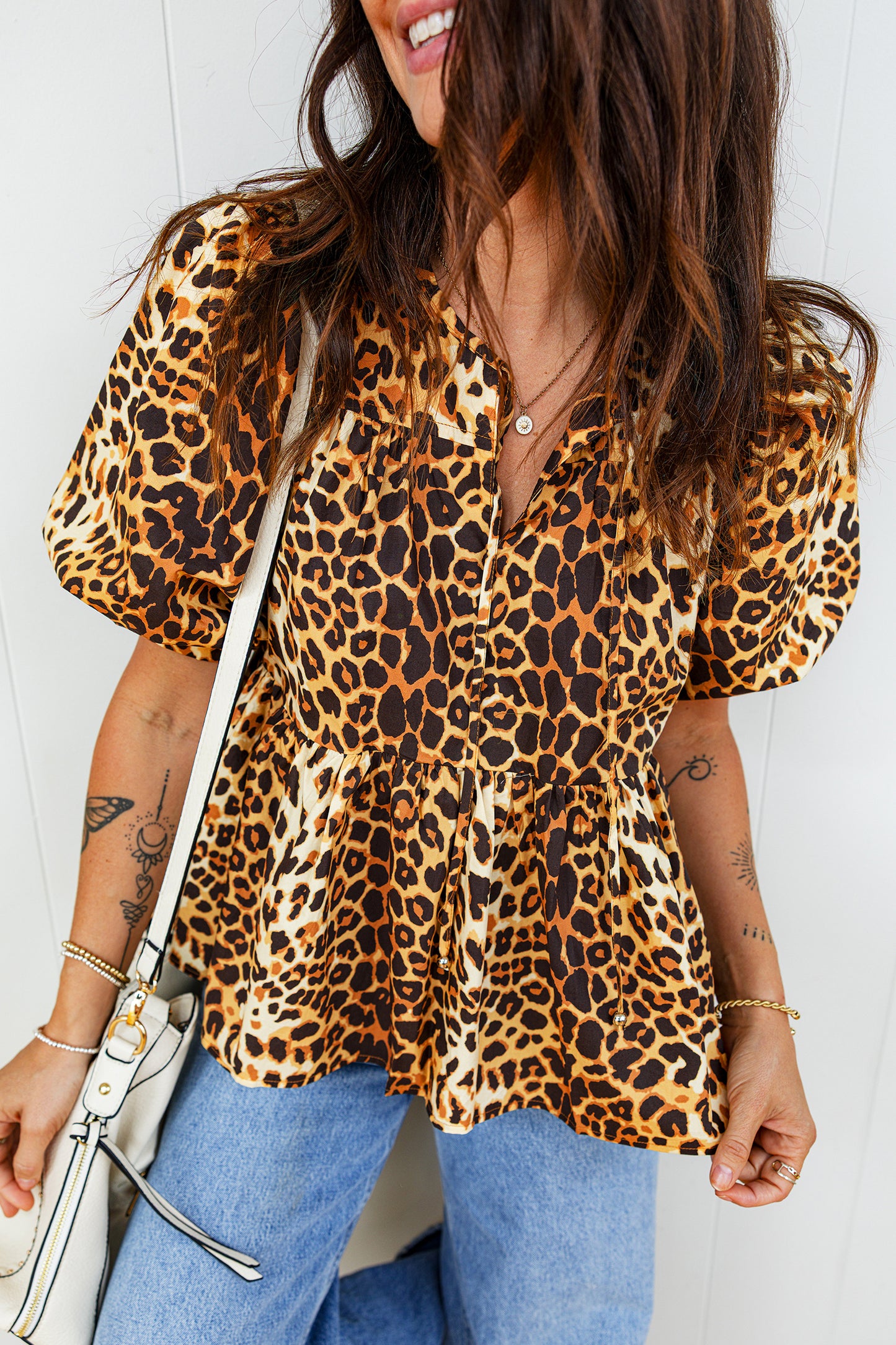 Leopard Print Short Puff Sleeve Slit Neck Babydoll Blouse-Tops/Blouses & Shirts-[Adult]-[Female]-Black-S-2022 Online Blue Zone Planet