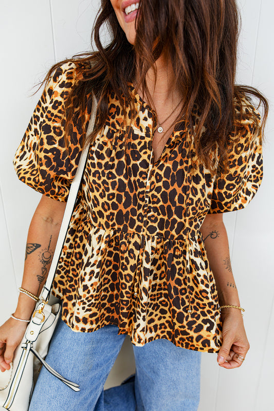 Leopard Print Short Puff Sleeve Slit Neck Babydoll Blouse-Tops/Blouses & Shirts-[Adult]-[Female]-Black-S-2022 Online Blue Zone Planet