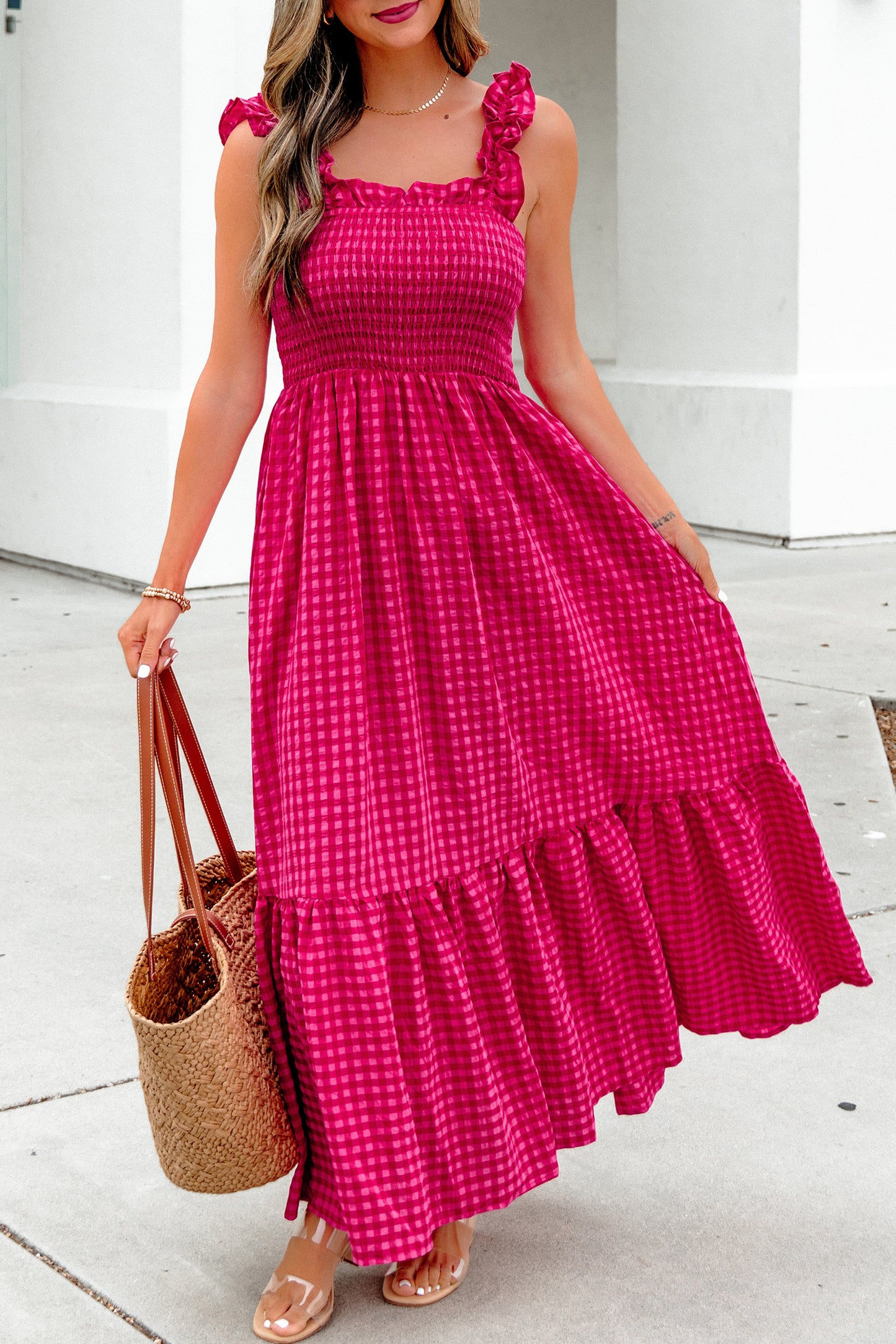 Red Plaid Square Neck Fit-and-flared Vacation Sundress-TOPS / DRESSES-[Adult]-[Female]-2022 Online Blue Zone Planet