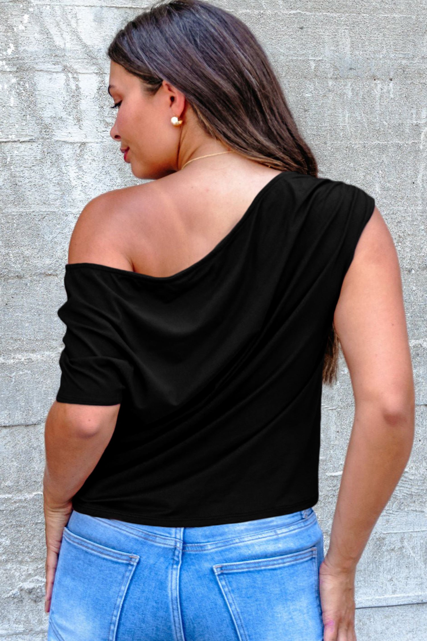 Black Plus Size Solid Color Asymmetric Neck Short Sleeve Blouse-Plus Size/Plus Size Tops/Plus Size Tops & Tees-[Adult]-[Female]-2022 Online Blue Zone Planet