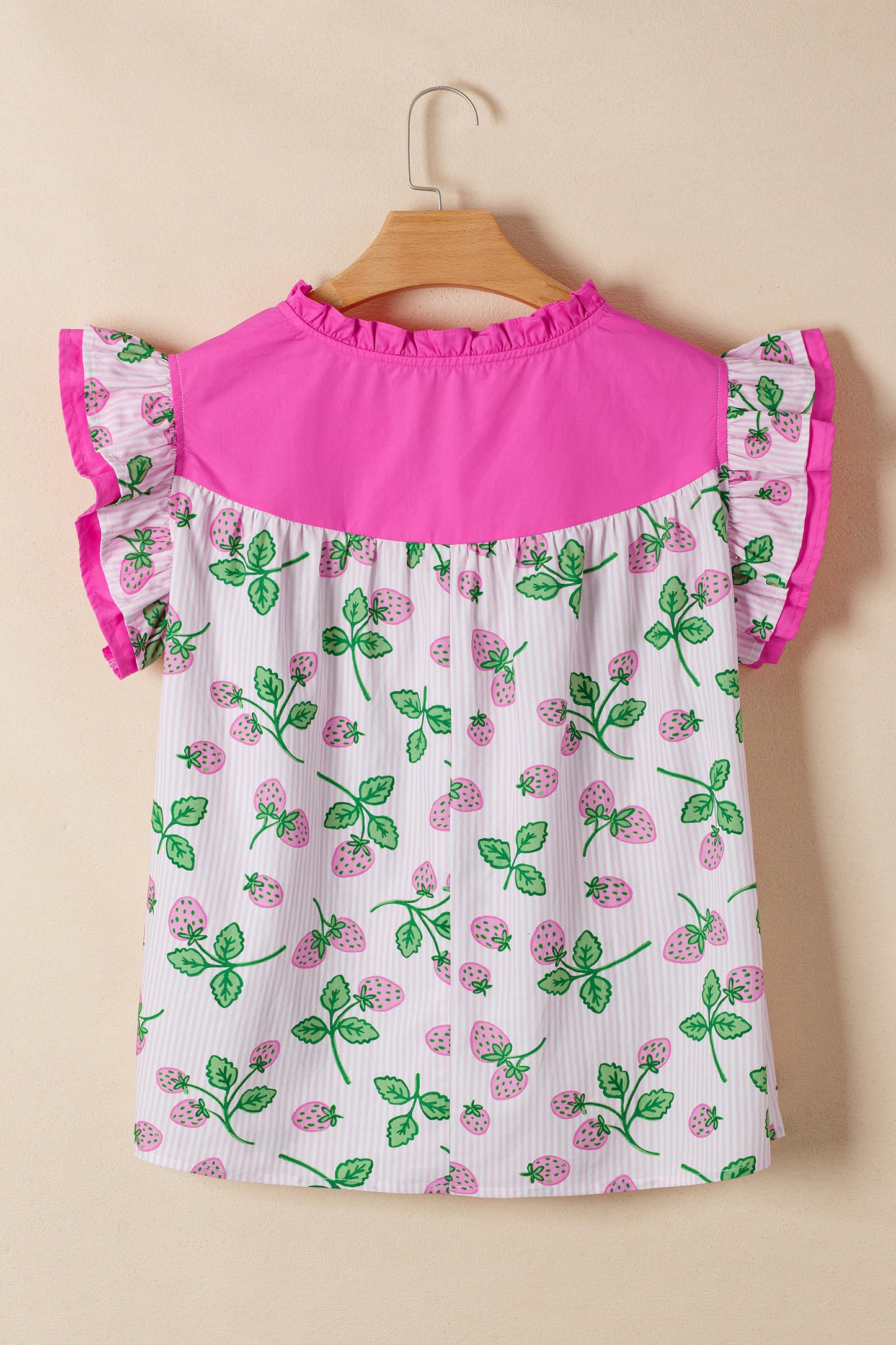 Pink Striped Strawberry Printed Color Block Patchwork V Neck Flutter Sleeve Blouse-Tops/Blouses & Shirts-[Adult]-[Female]-2022 Online Blue Zone Planet