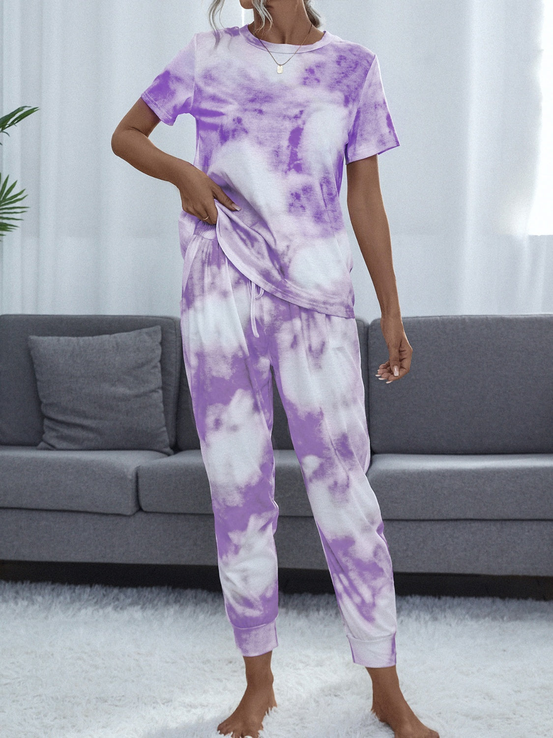 Shiny Tie-Dye Round Neck Top and Pants Lounge Set-TOPS / DRESSES-[Adult]-[Female]-Lavender-S-2022 Online Blue Zone Planet