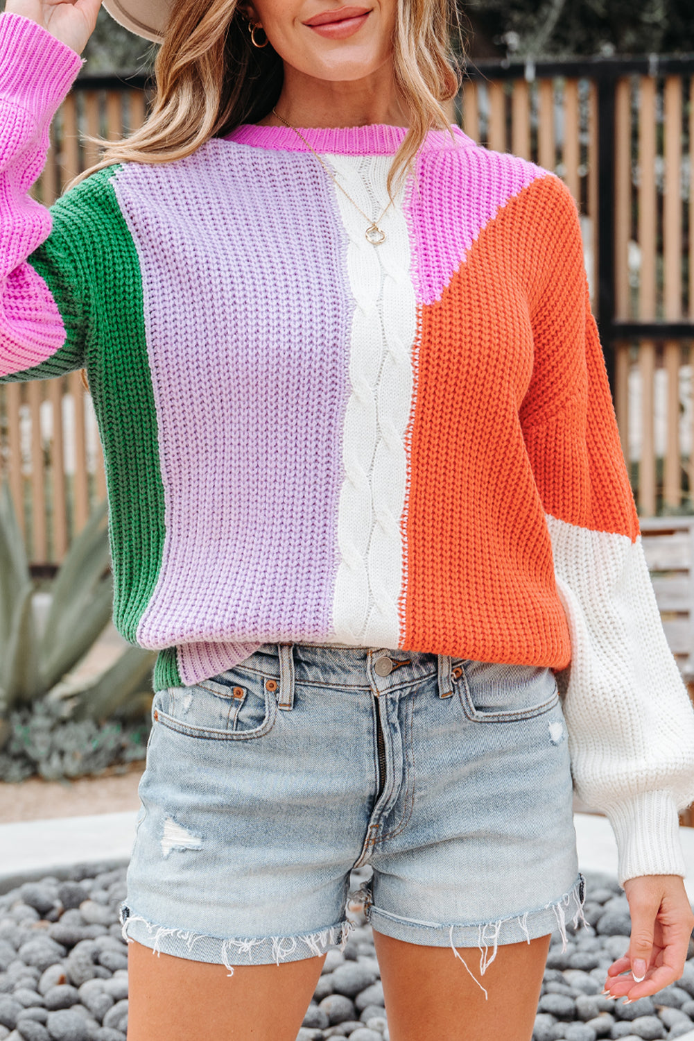 Desert Gold Color Block Textured Knit Drop Shoulder Loose Fit Sweater-TOPS / DRESSES-[Adult]-[Female]-2022 Online Blue Zone Planet