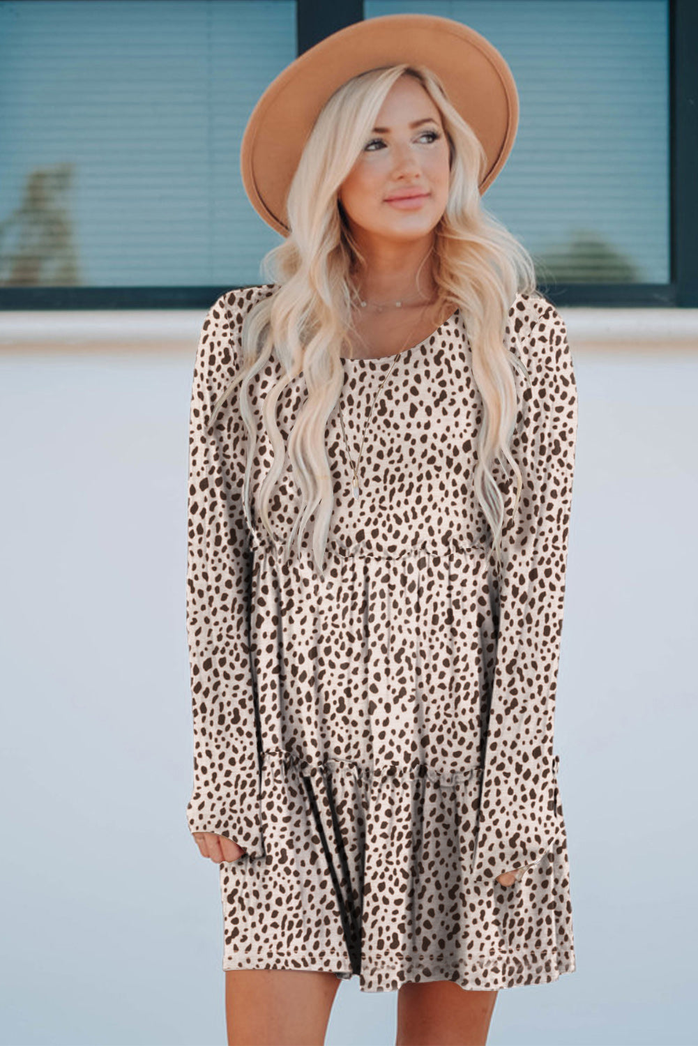 Blue Zone Planet | Leopard Animal Print Tiered Long Sleeve Dress-TOPS / DRESSES-[Adult]-[Female]-2022 Online Blue Zone Planet