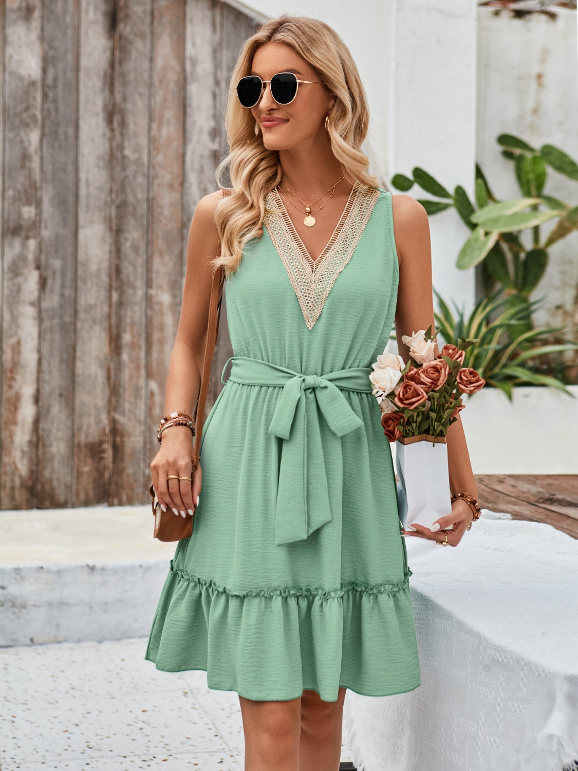 Tied Frill Sleeveless Mini Dress-TOPS / DRESSES-[Adult]-[Female]-Light Green-S-2022 Online Blue Zone Planet