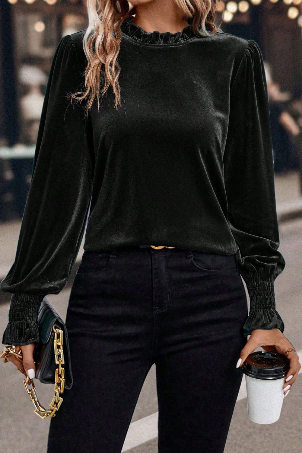 Black Frilled Collared Smocked Cuffs Puff Sleeve Velvet Blouse-Tops/Blouses & Shirts-[Adult]-[Female]-Black-S-2022 Online Blue Zone Planet