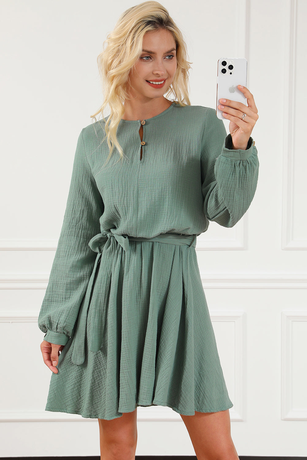 Blue Zone Planet |  Round Neck Long Sleeve Tie Waist Dress