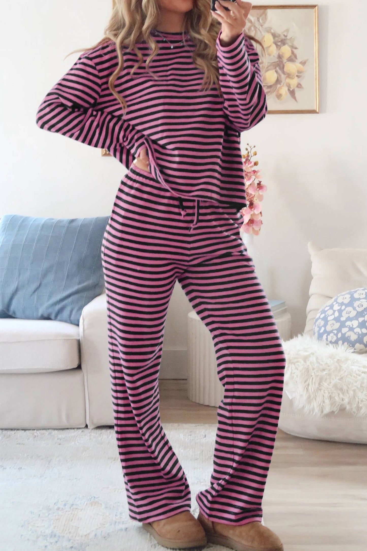 Pink Stripe Casual Long Sleeve Top Drawstring Pant Set-Two Piece Sets/Pant Sets-[Adult]-[Female]-Pink Stripe-S-2022 Online Blue Zone Planet