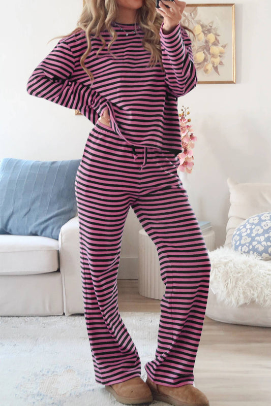 Pink Stripe Casual Long Sleeve Top Drawstring Pant Set-Two Piece Sets/Pant Sets-[Adult]-[Female]-Pink Stripe-S-2022 Online Blue Zone Planet