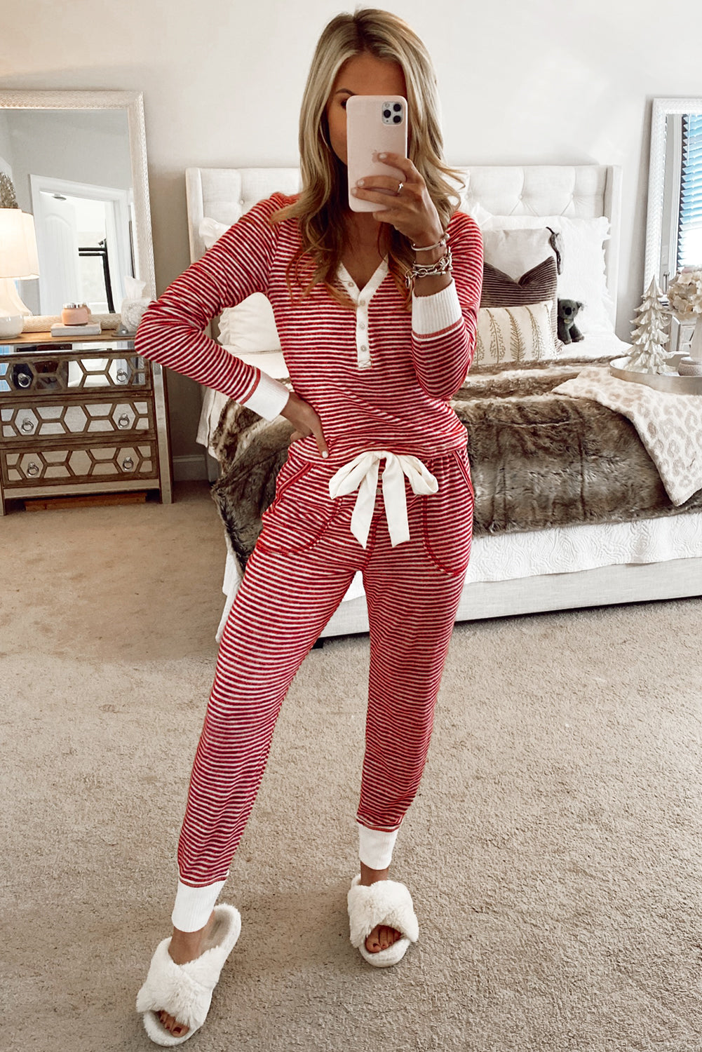 Red Stripe Buttoned V Neck Top and Knotted Waist Pants Lounge Set-Loungewear & Sleepwear/Loungewear-[Adult]-[Female]-2022 Online Blue Zone Planet