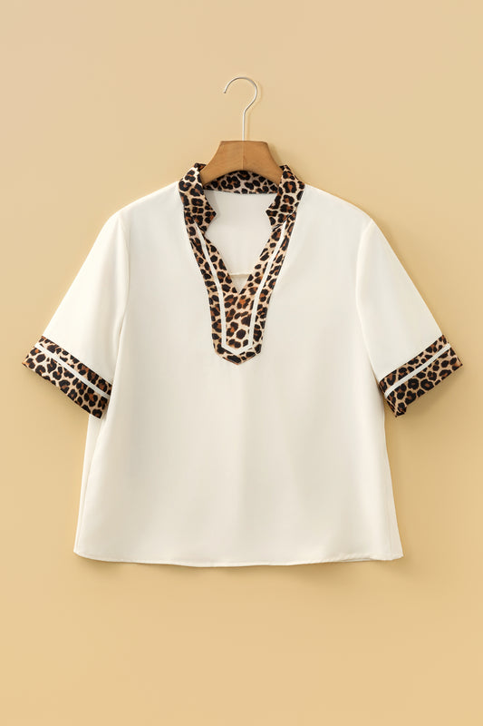 Jet Stream Leopard Patchwork Trim Split Neck Short Sleeve Blouse-Tops/Blouses & Shirts-[Adult]-[Female]-2022 Online Blue Zone Planet