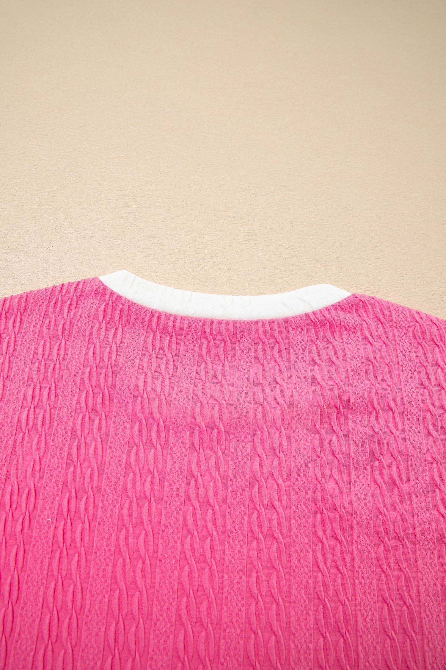 Bright Pink Textured Color Block Trim Loose Tee Drawstring Shorts 2pcs Set-Two Piece Sets/Short Sets-[Adult]-[Female]-2022 Online Blue Zone Planet