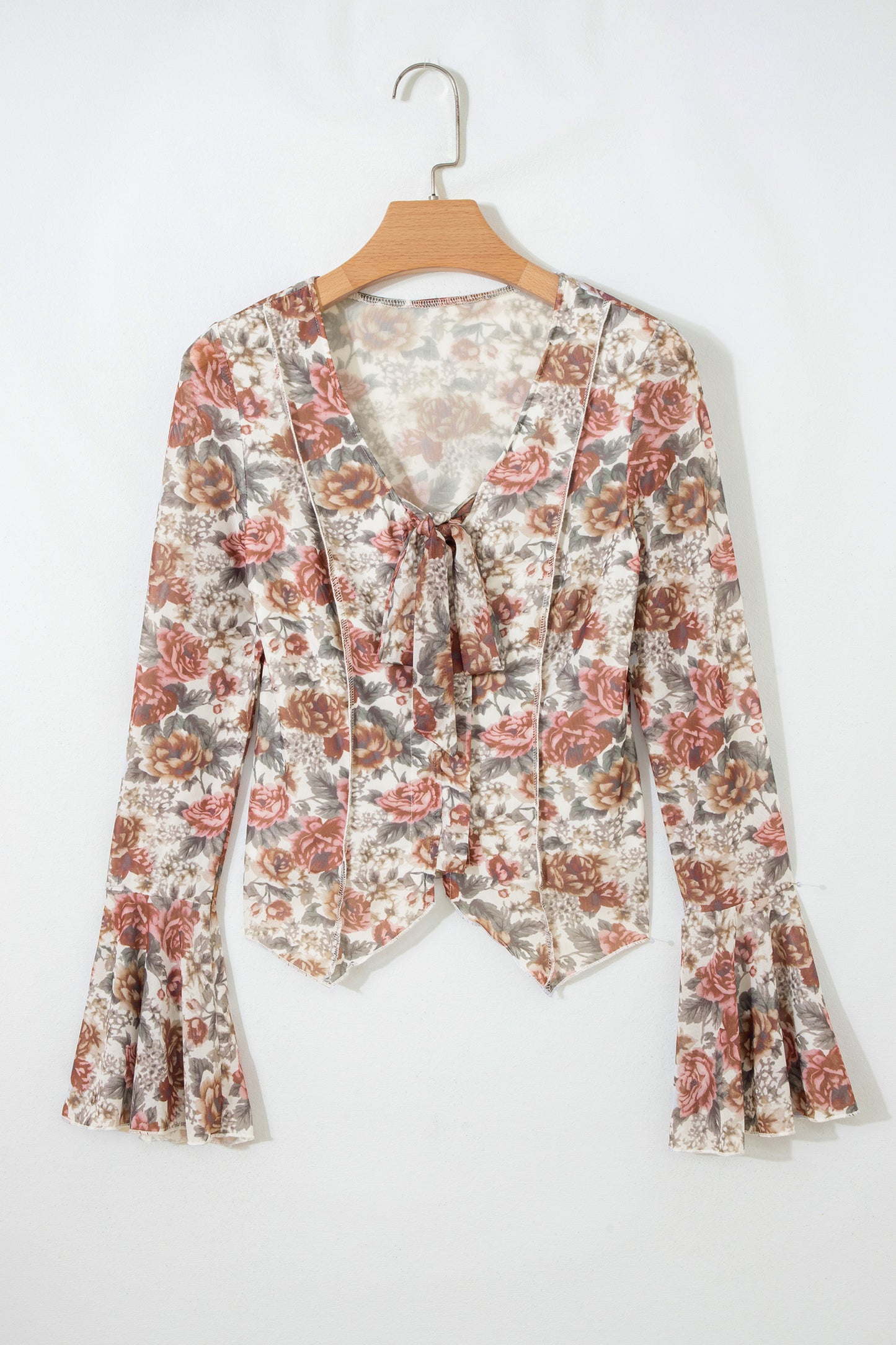 Red Floral Print Stitched Detail Tie V Neck Long Bell Sleeve Blouse-Tops/Blouses & Shirts-[Adult]-[Female]-2022 Online Blue Zone Planet