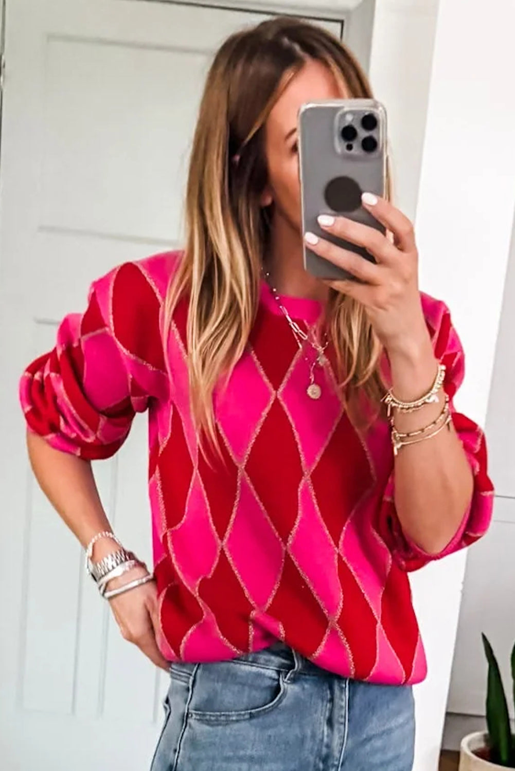 Rose Red Glitter Rhombus Pattern Knit Womens Casual Sweater-Sweaters & Cardigans/Sweaters-[Adult]-[Female]-2022 Online Blue Zone Planet