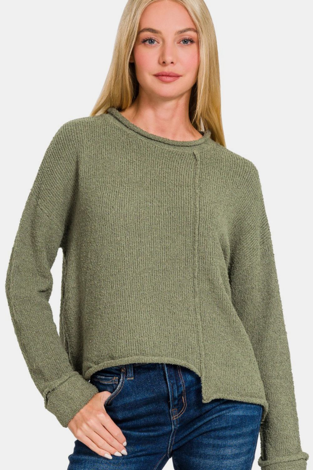 Zenana Asymmetric Hem Drop Shoulder Sweater-TOPS / DRESSES-[Adult]-[Female]-Lt Olive-S-2022 Online Blue Zone Planet