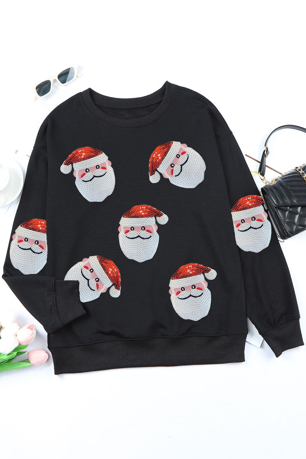 Red Sequins Santa Claus Graphic Christmas Sweatshirt-Graphic Sweatshirts-[Adult]-[Female]-2022 Online Blue Zone Planet