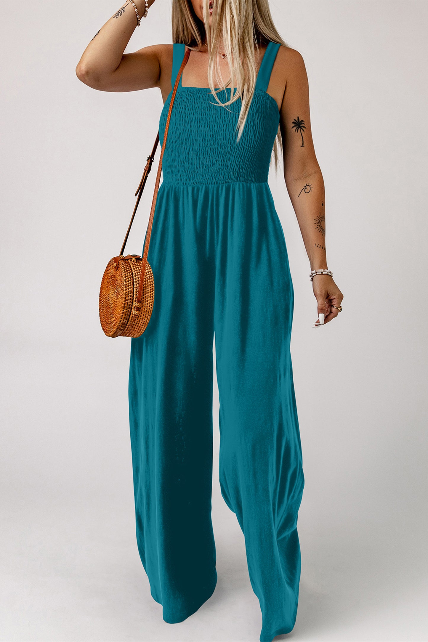 Peacock Blue Smocked Square Neck Sleeveless Jumpsuit with Pockets-Bottoms/Jumpsuits & Rompers-[Adult]-[Female]-2022 Online Blue Zone Planet