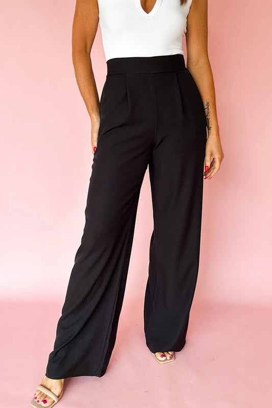Black Pleated Detail Pull On High Elastic Waist Loose Straight Pants-Bottoms/Pants & Culotte-[Adult]-[Female]-Black-S-2022 Online Blue Zone Planet