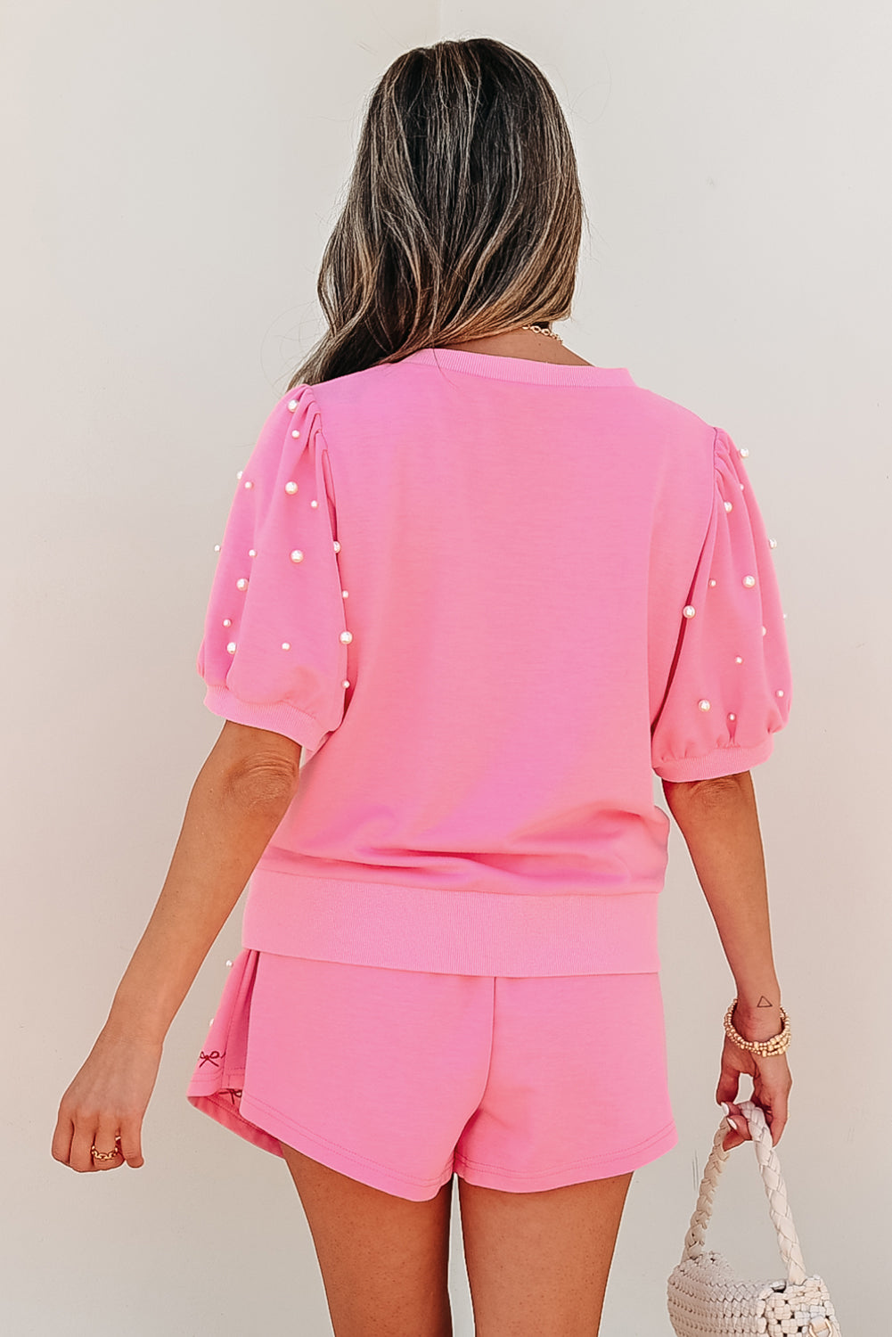 Pink Contrast Bow Trim Pearl Puff Sleeve Blouse and Skort 2pcs Set-Two Piece Sets/Short Sets-[Adult]-[Female]-2022 Online Blue Zone Planet