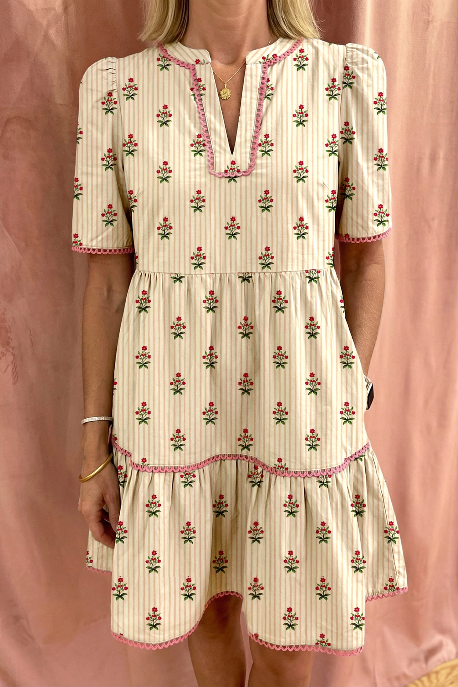Apricot Striped Floral Print Contrast Detail Ruffle Hem Short Dress-Dresses/Floral Dresses-[Adult]-[Female]-Apricot-S-2022 Online Blue Zone Planet