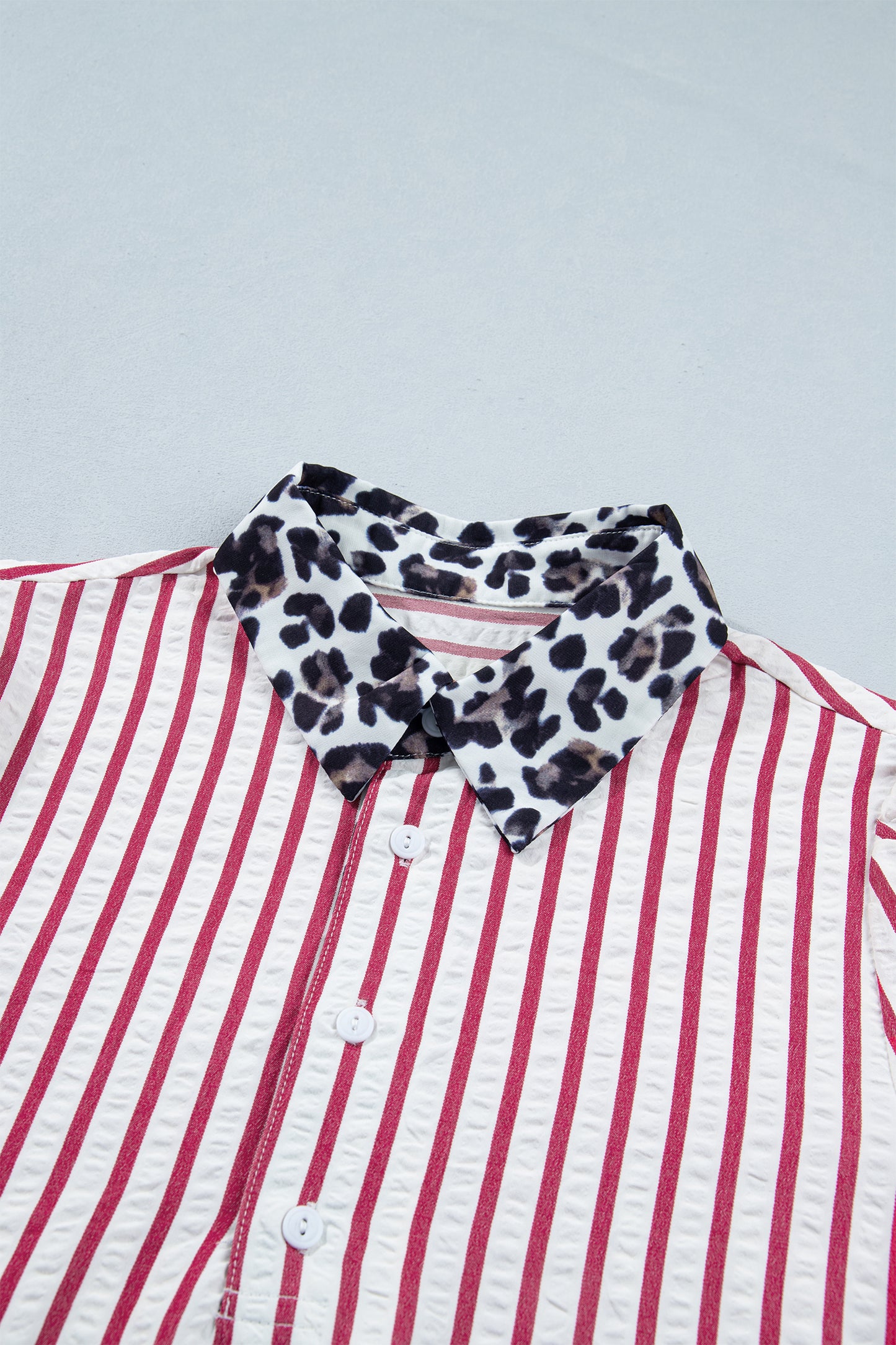 Red Stripe Leopard Contrast Trim Half Button Blouse-Tops/Blouses & Shirts-[Adult]-[Female]-2022 Online Blue Zone Planet