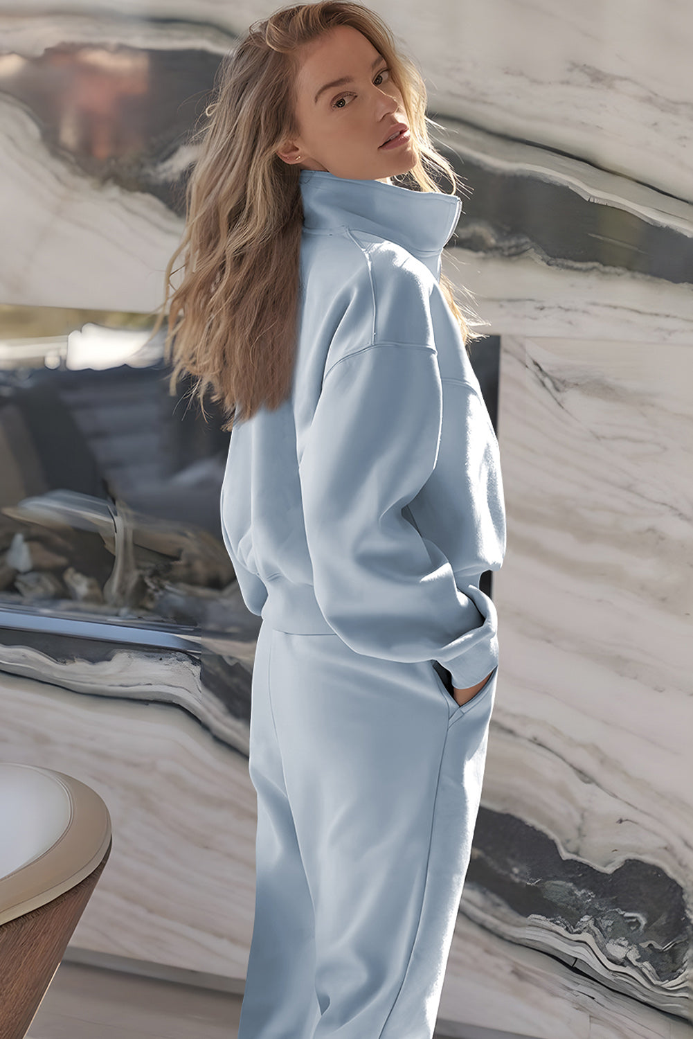 Sky Blue Half Zip up Pullover Active Top and Joggers Set-Activewear/Activewear Sets-[Adult]-[Female]-2022 Online Blue Zone Planet