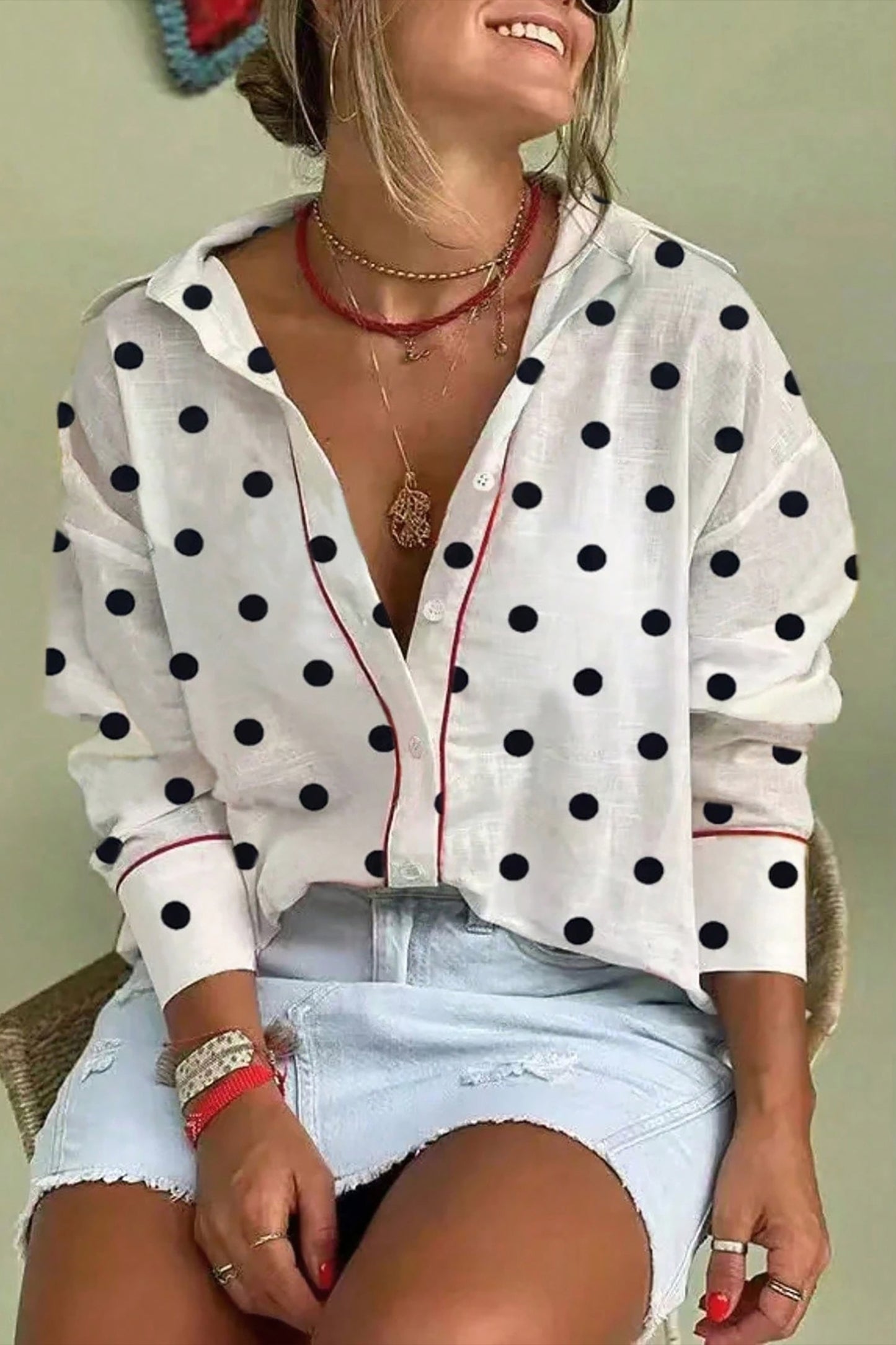 White Polka Dot Print Contrast Piping Elegant Shirt-Tops/Blouses & Shirts-[Adult]-[Female]-2022 Online Blue Zone Planet