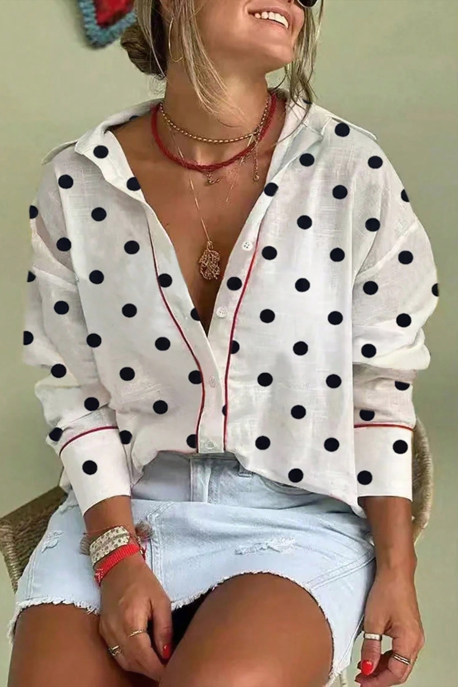 White Polka Dot Print Contrast Piping Elegant Shirt-Tops/Blouses & Shirts-[Adult]-[Female]-2022 Online Blue Zone Planet