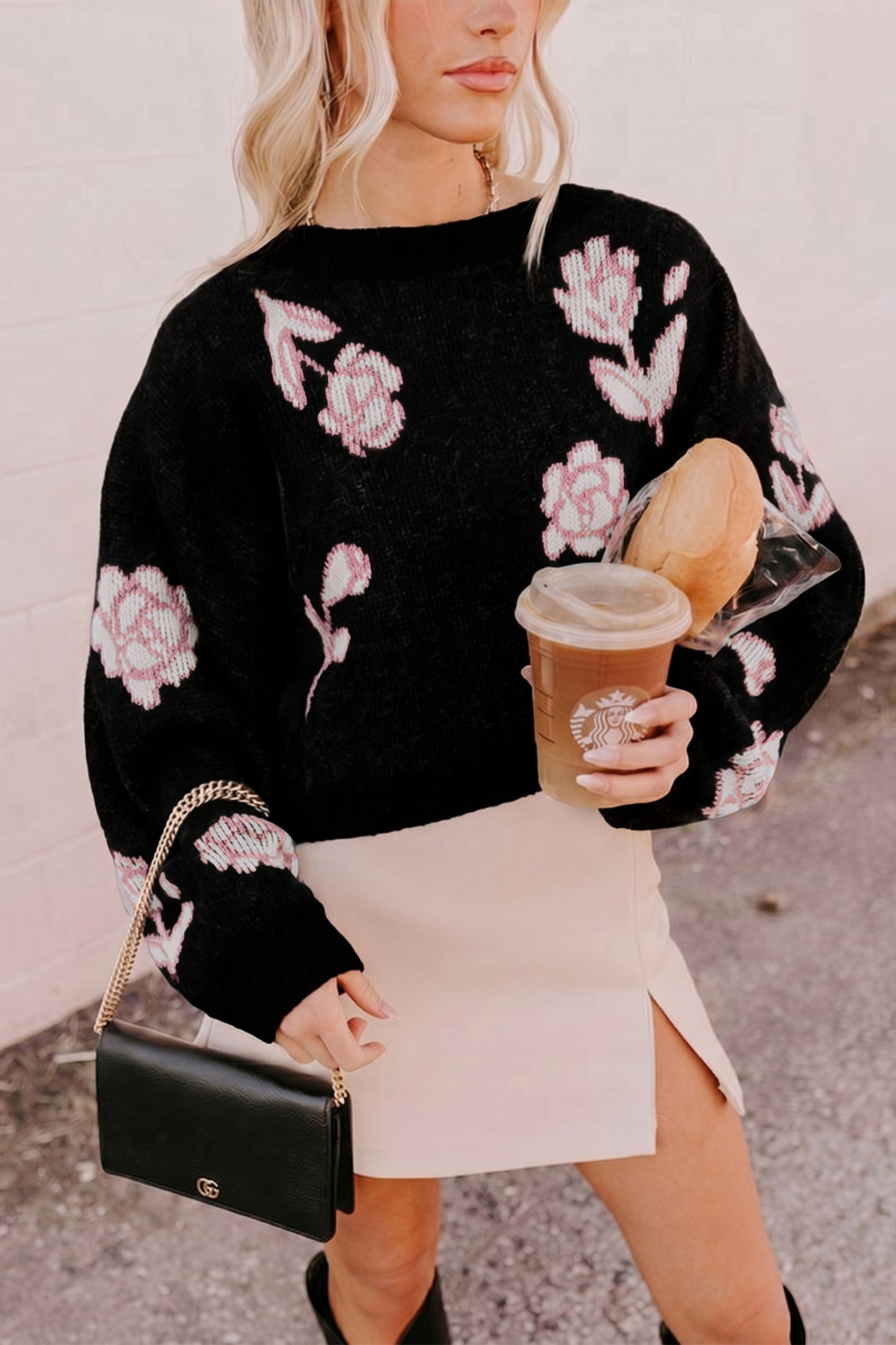 Black Floral Pattern Puff Sleeve Dropped Shoulder Pullover Sweater-Sweaters & Cardigans/Sweaters-[Adult]-[Female]-Black-S-2022 Online Blue Zone Planet