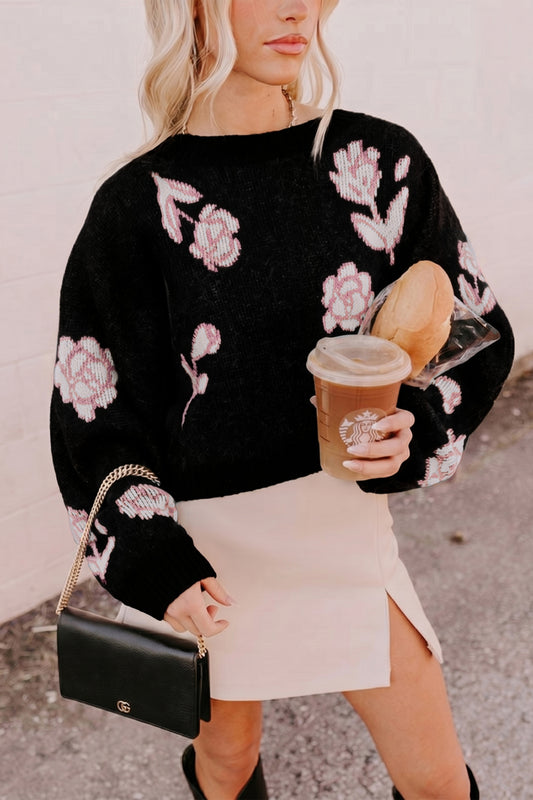 Black Floral Pattern Puff Sleeve Dropped Shoulder Pullover Sweater-Sweaters & Cardigans/Sweaters-[Adult]-[Female]-Black-S-2022 Online Blue Zone Planet