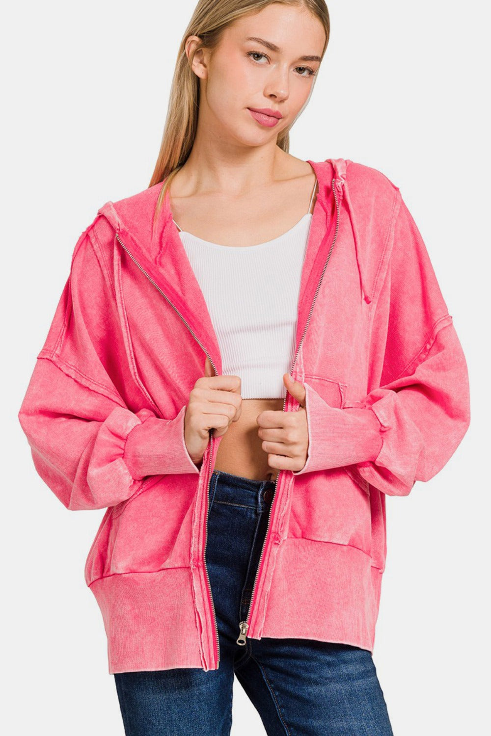 Zenana Acid Washed French Terry Zip-Up Hoodie with Pockets-TOPS / DRESSES-[Adult]-[Female]-Fuchsia-S/M-2022 Online Blue Zone Planet