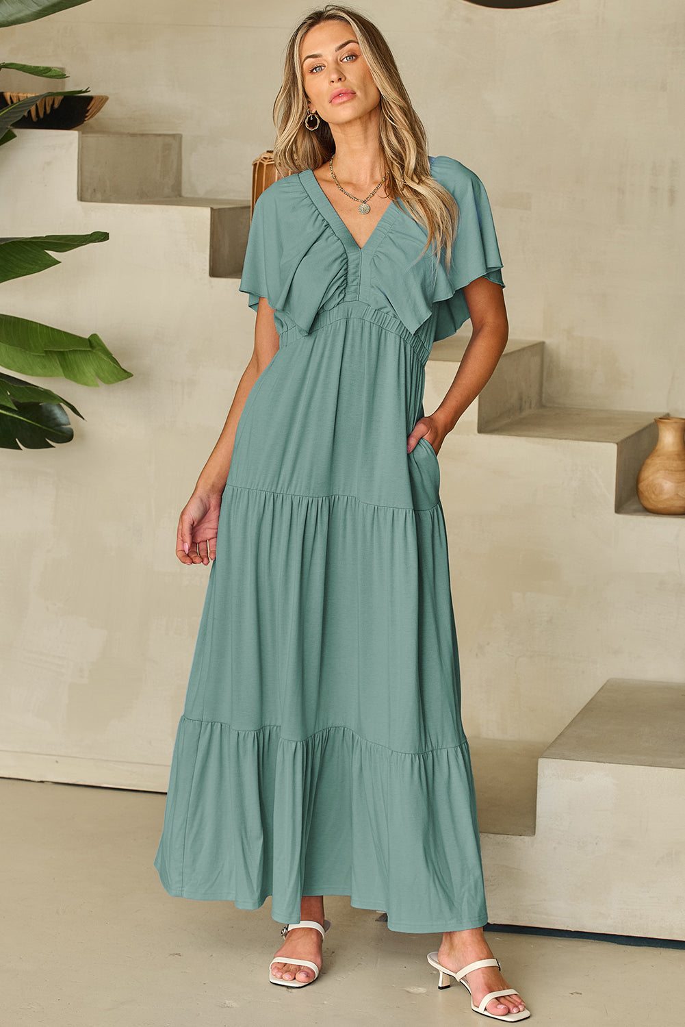 Green Textured V Neck Flutter Sleeve Ruffled Maxi Dress-TOPS / DRESSES-[Adult]-[Female]-2022 Online Blue Zone Planet