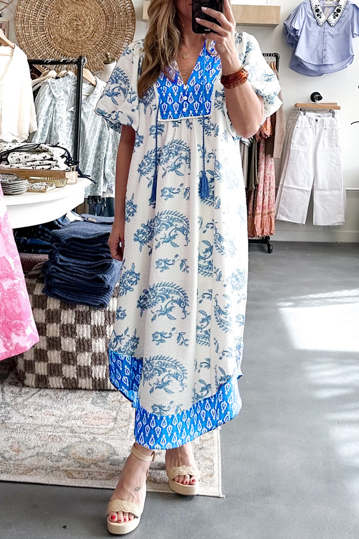 Sky Blue Plus Size Floral Print Contrast Boho Patchwork V Neck Loose Midi Dress