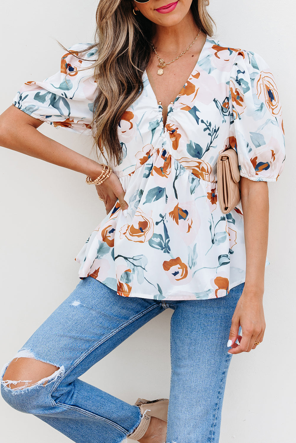 Green Floral Print Puff Sleeve V Neck Babydoll Blouse-Tops/Blouses & Shirts-[Adult]-[Female]-2022 Online Blue Zone Planet