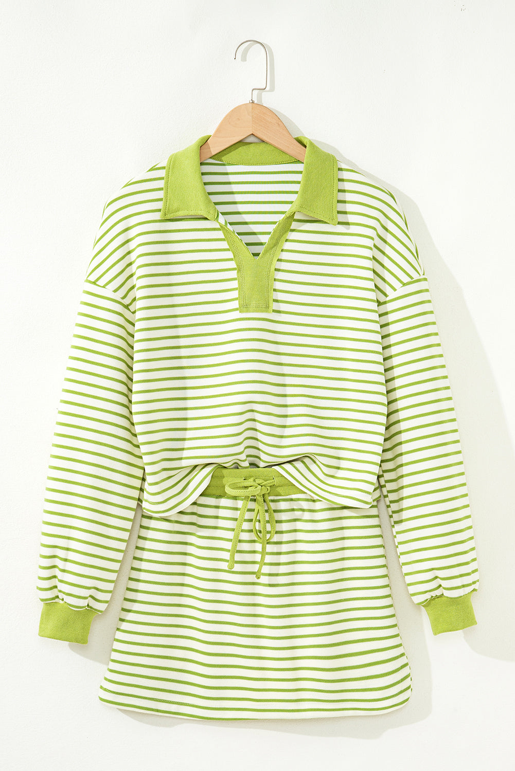 Green Stripe Collared V Neck Drop Shoulder Pullover and Skort 2pcs Outfit-Two Piece Sets/Two Piece Dresses-[Adult]-[Female]-2022 Online Blue Zone Planet