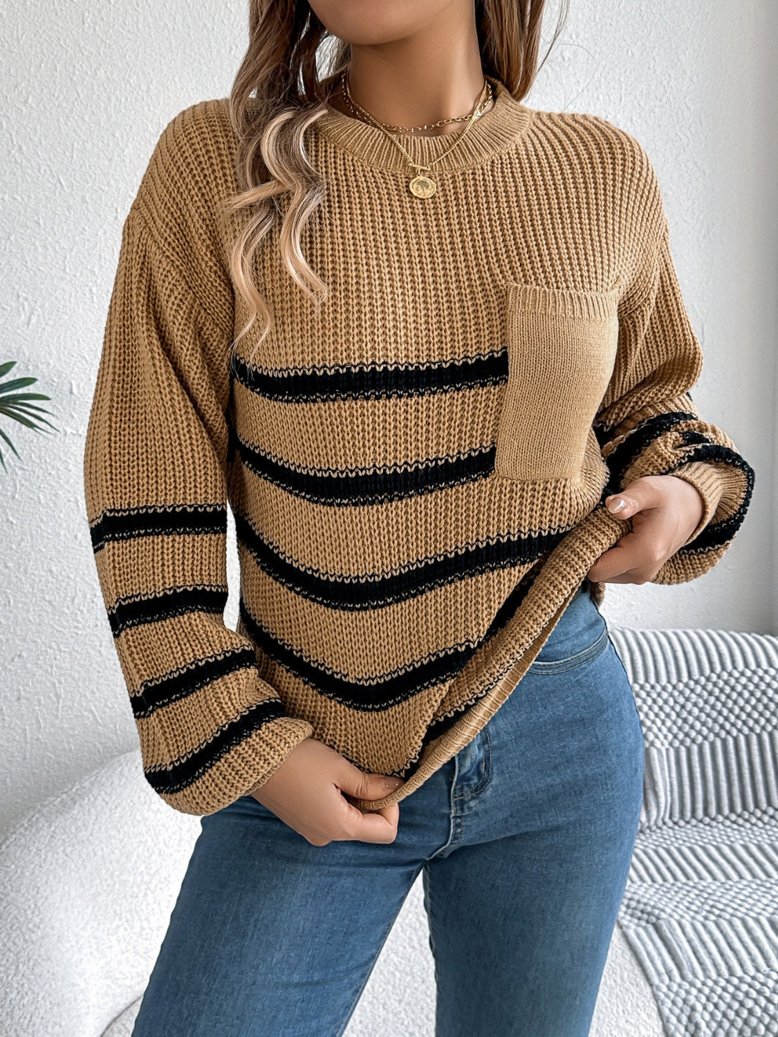 Striped Round Neck Long Sleeve Sweater-TOPS / DRESSES-[Adult]-[Female]-2022 Online Blue Zone Planet