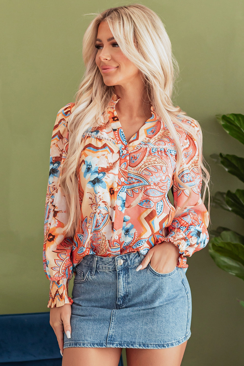 Blue Zone Planet | Orange Floral Print Shirred Cuff Buttoned Loose Shirt-Tops/Blouses & Shirts-[Adult]-[Female]-2022 Online Blue Zone Planet