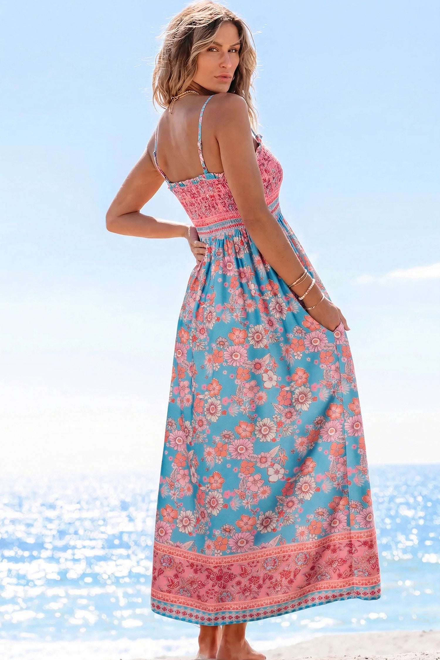 Sky Blue Bohemian Ethnic Print Spaghetti Straps Vacation Maxi Dress-Dresses/Floral Dresses-[Adult]-[Female]-2022 Online Blue Zone Planet