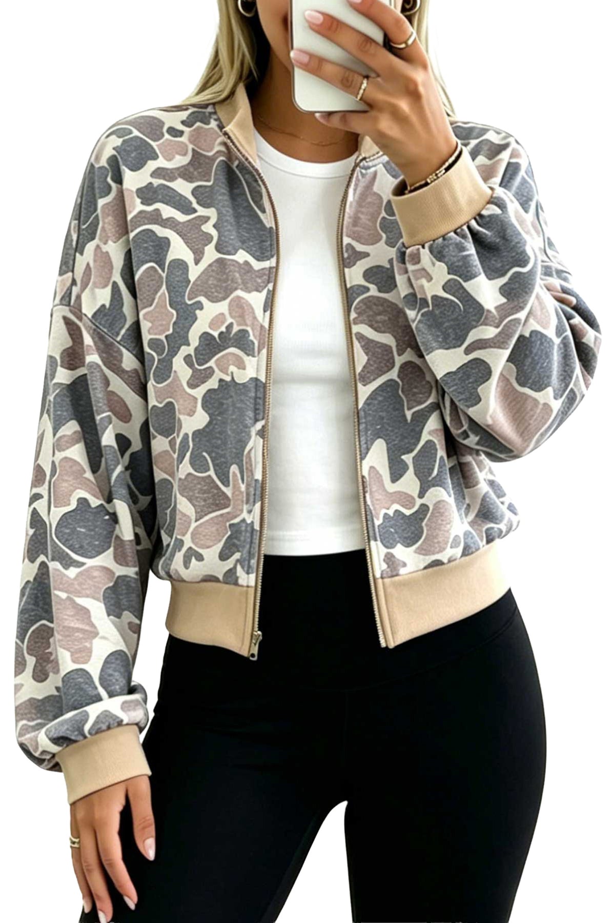 Multicolour Camouflage Print Color Block Trim Zip Bomber Sweatshirt-Tops/Sweatshirts & Hoodies-[Adult]-[Female]-2022 Online Blue Zone Planet