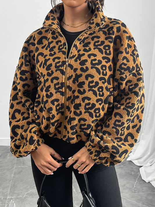 Blue Zone Planet | Leopard Zip Up Long Sleeve Jacket-TOPS / DRESSES-[Adult]-[Female]-Caramel-S-2022 Online Blue Zone Planet