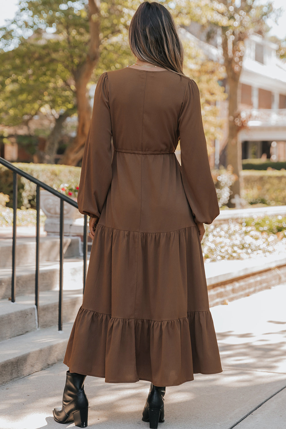 Chestnut Solid Long Sleeve Button V Neck Tiered Maxi Dress-Dresses/Maxi Dresses-[Adult]-[Female]-2022 Online Blue Zone Planet