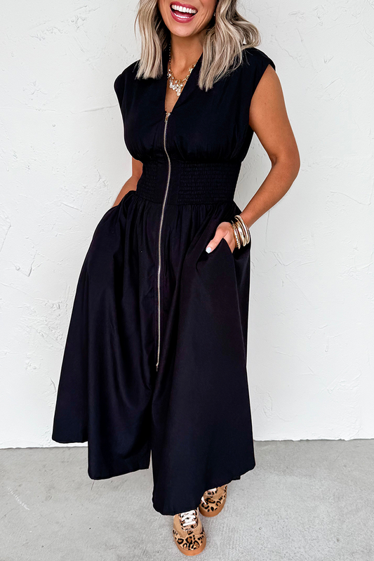 Black Sleeveless Zipped Front V Neck Shirred Waist Maxi Dress-TOPS / DRESSES-[Adult]-[Female]-Black-S-2022 Online Blue Zone Planet