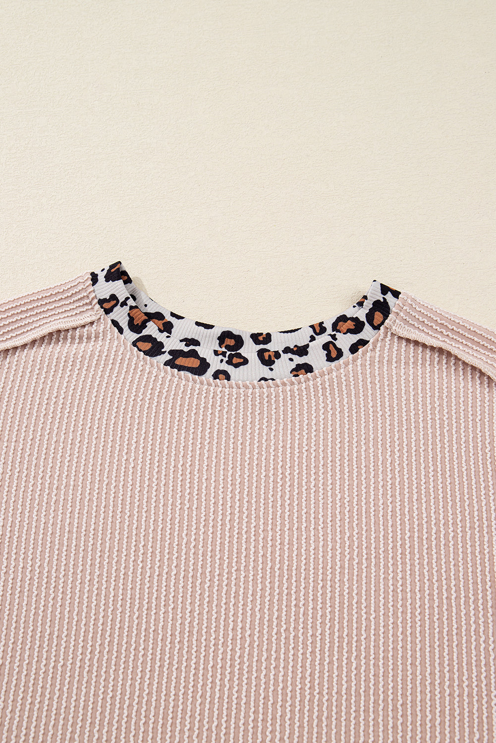 Beige Twist Ribbed Leopard Color Block Detail Drop Shoulder Long Sleeve Top-Tops/Long Sleeve Tops-[Adult]-[Female]-2022 Online Blue Zone Planet
