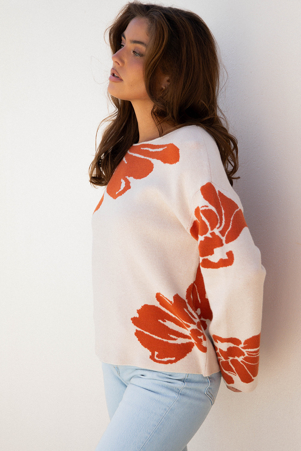 Beige Bold Flower Pattern Wide Sleeve Baggy Sweater-Sweaters & Cardigans/Sweaters-[Adult]-[Female]-2022 Online Blue Zone Planet