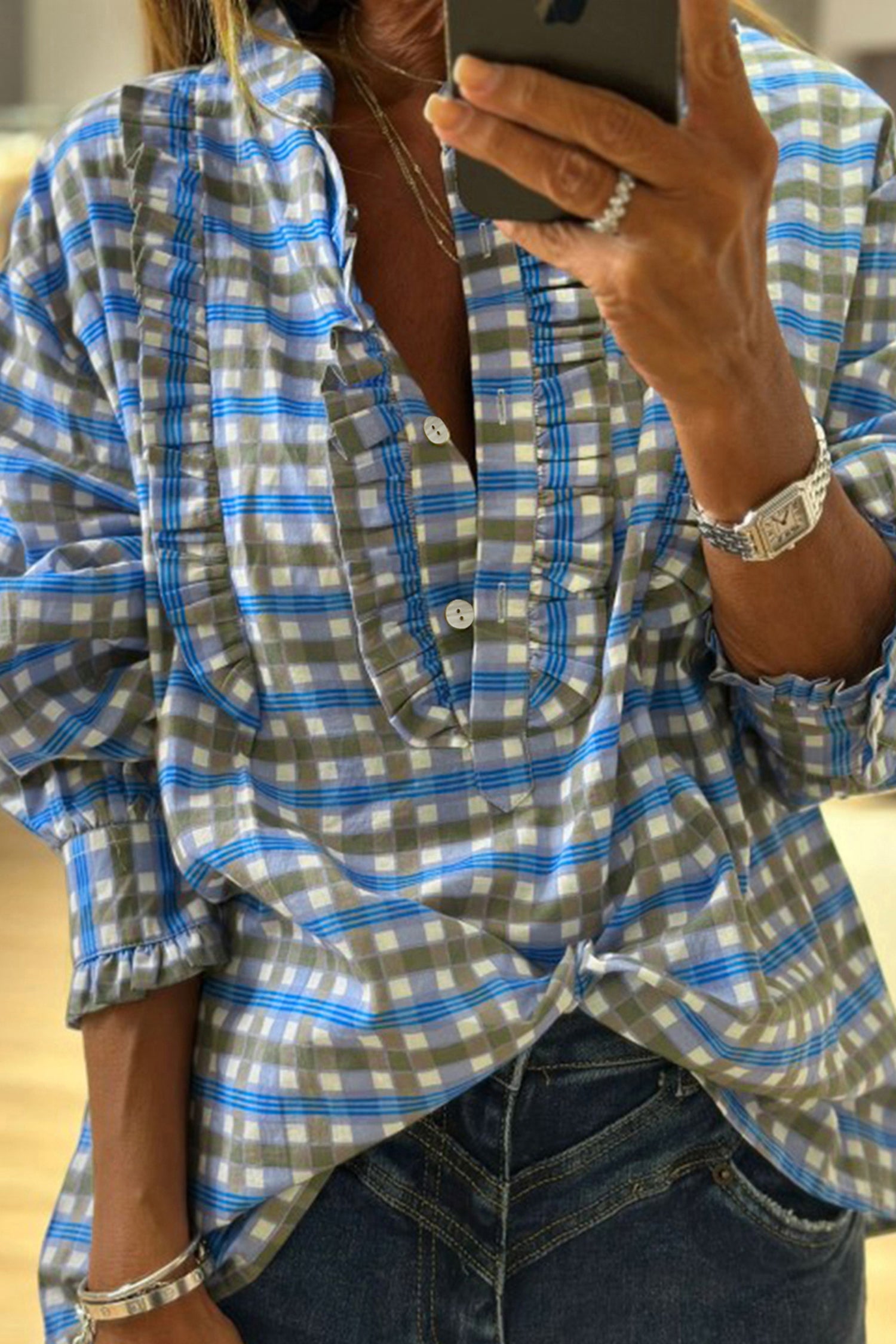 Sky Blue Plaid Long Sleeve Frilled Detail Half Button Blouse-Tops/Blouses & Shirts-[Adult]-[Female]-2022 Online Blue Zone Planet