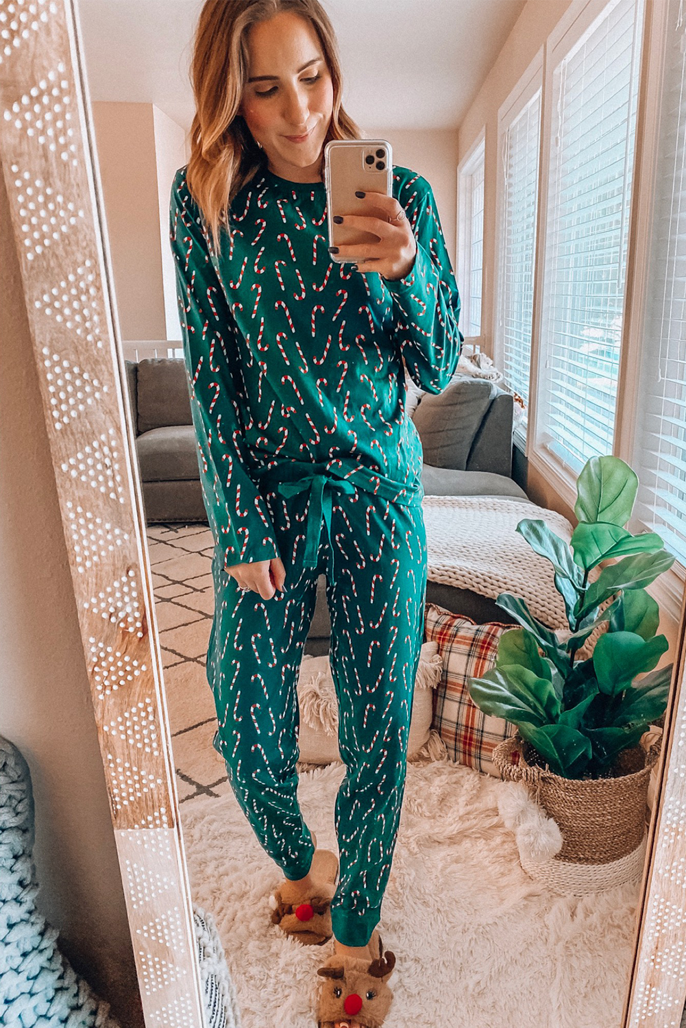 Green Christmas Candy Cane Printed Top and Pants Lounge Set-Loungewear & Sleepwear/Loungewear-[Adult]-[Female]-2022 Online Blue Zone Planet